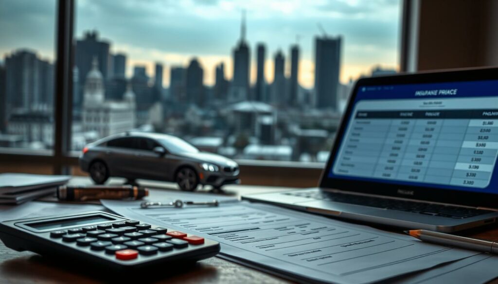 A detailed analysis of car insurance pricing, with a focus on the Finnish market. In the foreground, a calculator, financial documents, and a laptop display illustrating insurance premium calculations. In the middle ground, a car silhouette and insurance policy documents. The background features a city skyline, conveying the urban setting. The scene is lit by a combination of natural and soft artificial lighting, creating a professional, analytical atmosphere. The overall mood is one of careful financial evaluation and decision-making around car insurance coverage and costs.