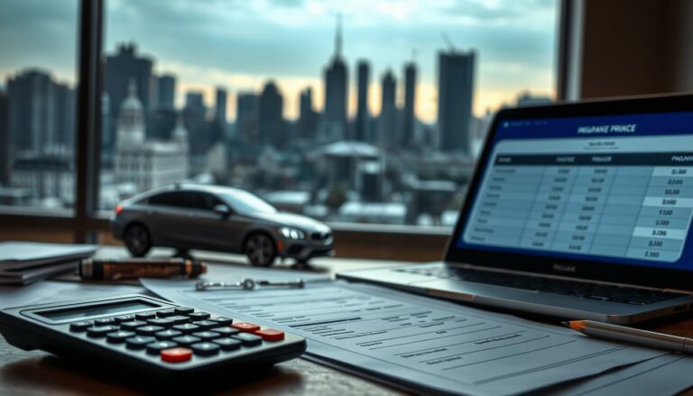 A detailed analysis of car insurance pricing, with a focus on the Finnish market. In the foreground, a calculator, financial documents, and a laptop display illustrating insurance premium calculations. In the middle ground, a car silhouette and insurance policy documents. The background features a city skyline, conveying the urban setting. The scene is lit by a combination of natural and soft artificial lighting, creating a professional, analytical atmosphere. The overall mood is one of careful financial evaluation and decision-making around car insurance coverage and costs.